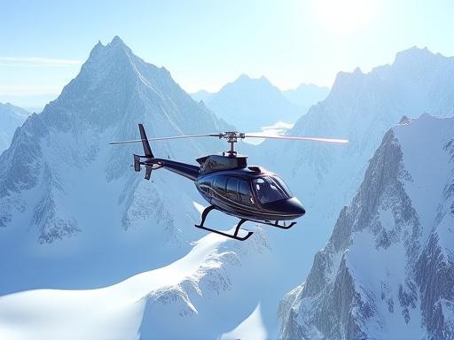 Elicottero in volo sopra le vette innevate delle Alpi