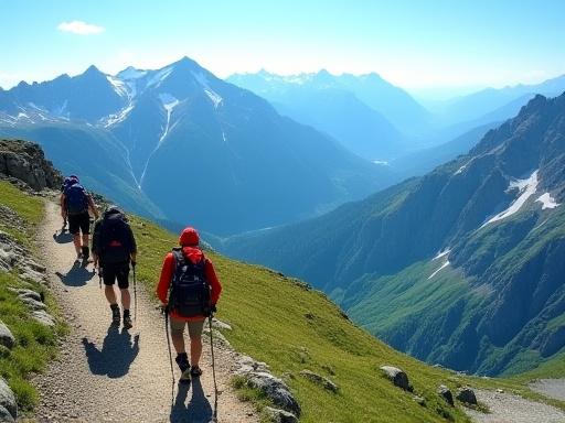Escursionisti su un sentiero alpino con vista panoramica